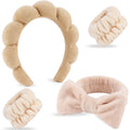 4Pcs Spa Headband for Washing Face Wristbands Set Women Bubble Skincare Makeup Sponge Terry Cloth Padded Puffy Headband Bow Tie Hairband Cute Non Slip Thick Hair Accessory Gifts(Brown)