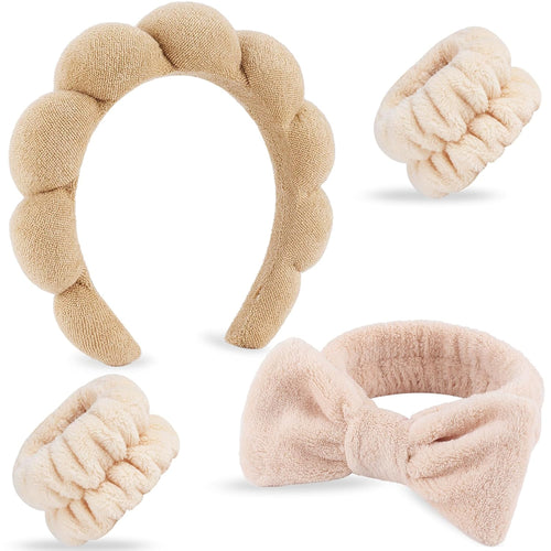 4Pcs Spa Headband for Washing Face Wristbands Set Women Bubble Skincare Makeup Sponge Terry Cloth Padded Puffy Headband Bow Tie Hairband Cute Non Slip Thick Hair Accessory Gifts(Brown)