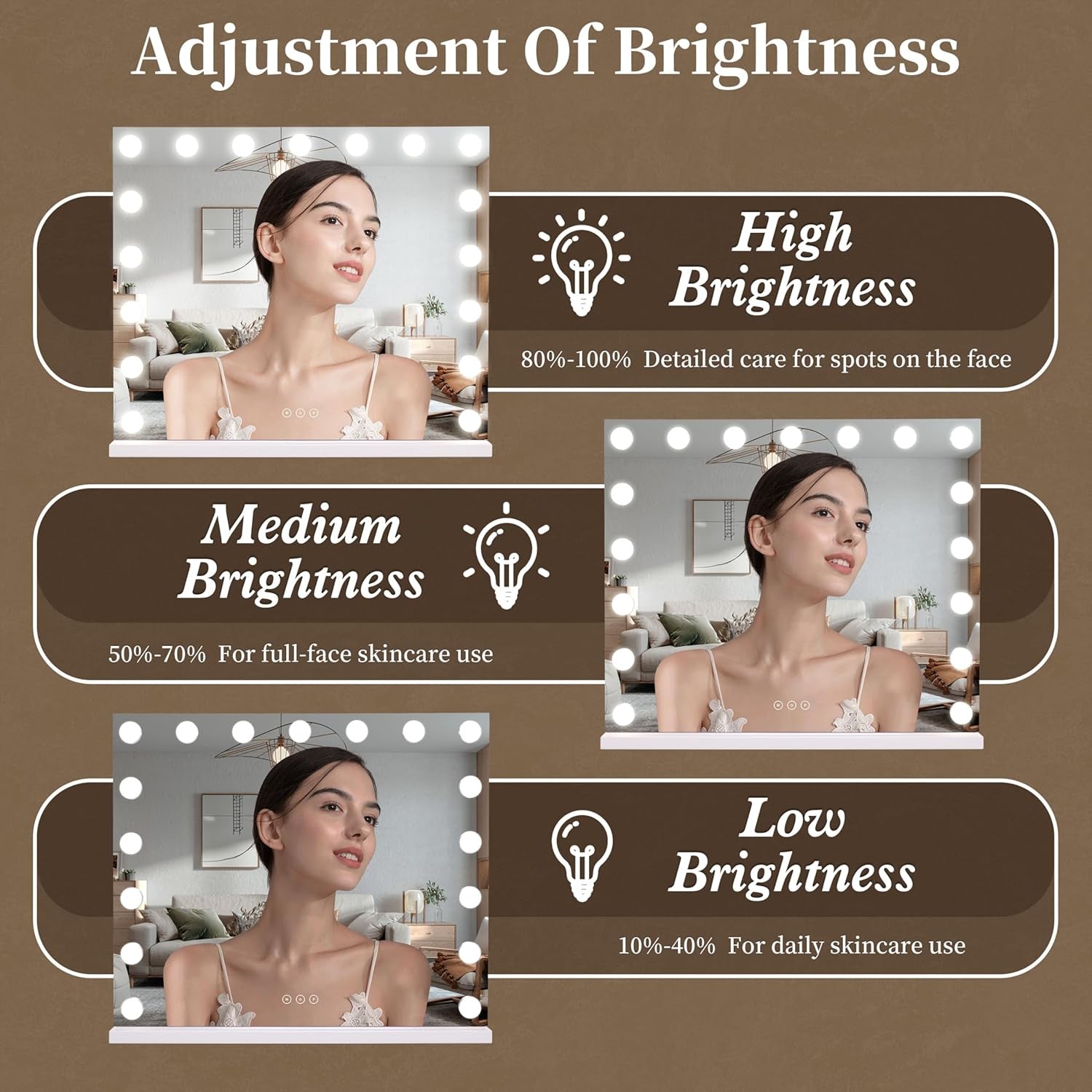 Vanity Mirror with Lights,Makeup Mirror with 17 Dimmable LED Bulbs, 3 Color Lighting Modes Detachable 10X Magnification Mirror Touch Control, 23.6X19,7 Inch, White