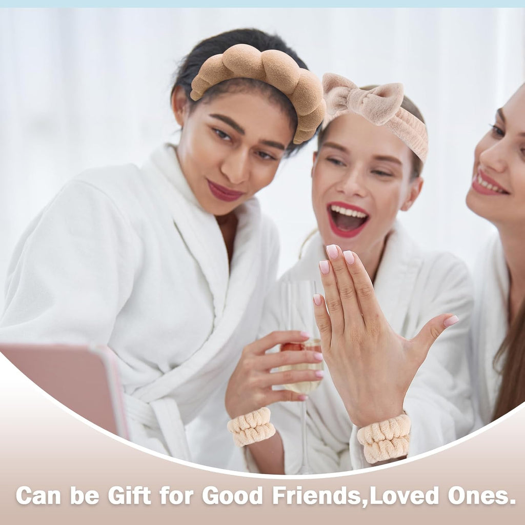 4Pcs Spa Headband for Washing Face Wristbands Set Women Bubble Skincare Makeup Sponge Terry Cloth Padded Puffy Headband Bow Tie Hairband Cute Non Slip Thick Hair Accessory Gifts(Brown)