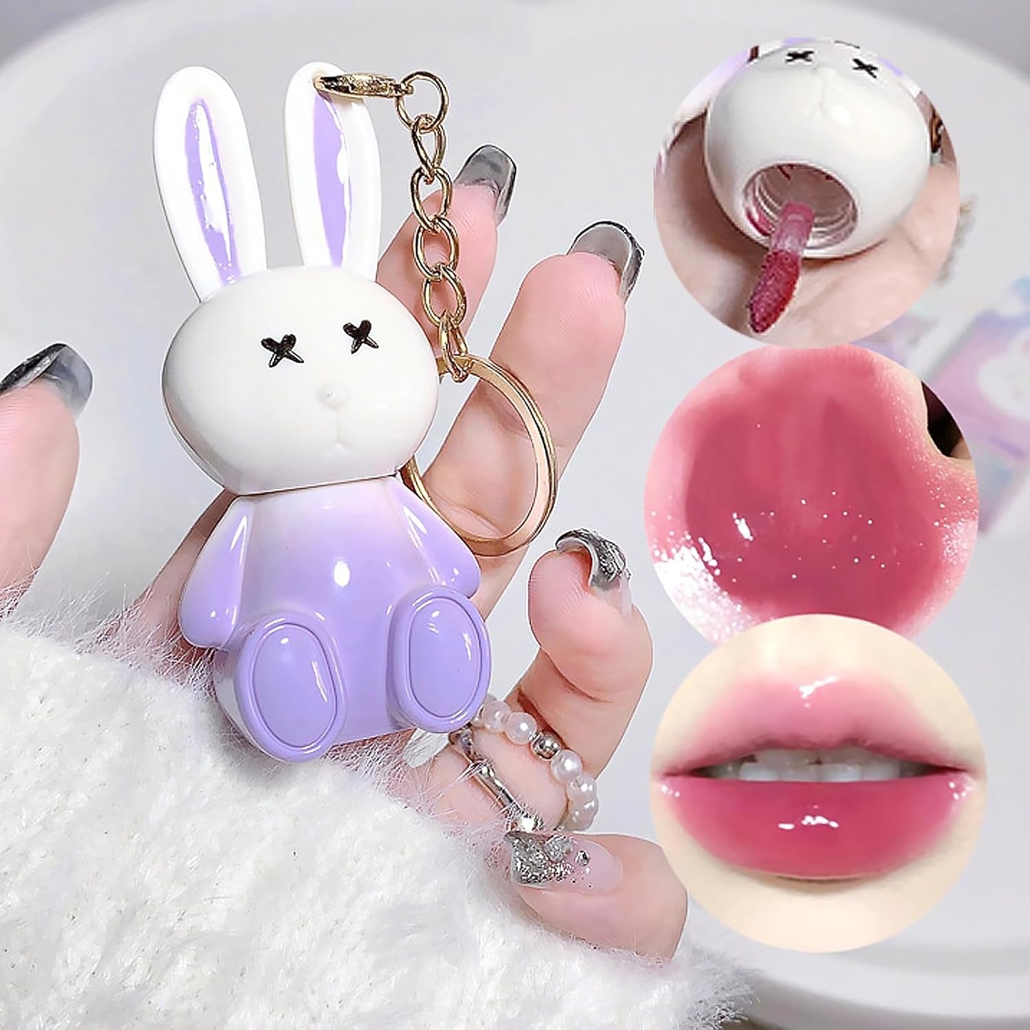 3 Colors Rabbit Lip Glaze Jelly Lipstick, Cute Lipstick Key Chain 2 in 1, Moisturizing Lip Stain Plumping Water Lip Gloss Waterproof Long Lasting Liptint for Girl(B)