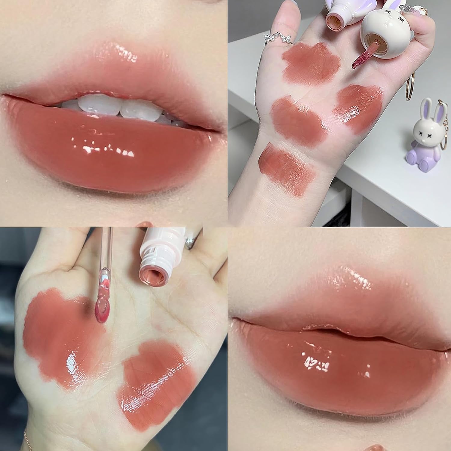 3 Colors Rabbit Lip Glaze Jelly Lipstick, Cute Lipstick Key Chain 2 in 1, Moisturizing Lip Stain Plumping Water Lip Gloss Waterproof Long Lasting Liptint for Girl(B)