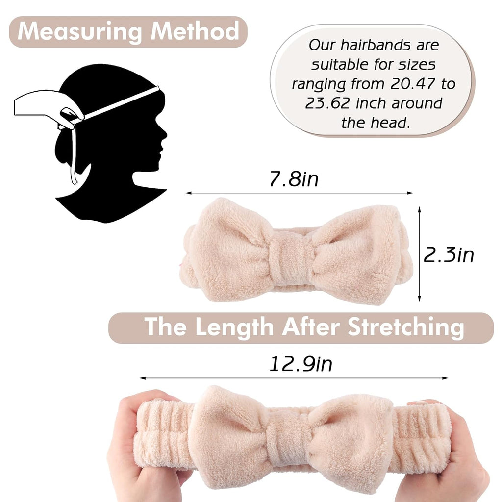 4Pcs Spa Headband for Washing Face Wristbands Set Women Bubble Skincare Makeup Sponge Terry Cloth Padded Puffy Headband Bow Tie Hairband Cute Non Slip Thick Hair Accessory Gifts(Brown)